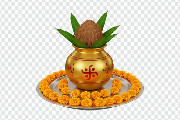 Kalash PNG Clipart with Coconut and Marigold Garland for Puja and Festive Designs
