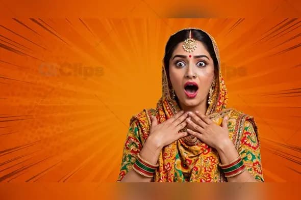 Surprised Indian Woman in Traditional Saree with Comic Background