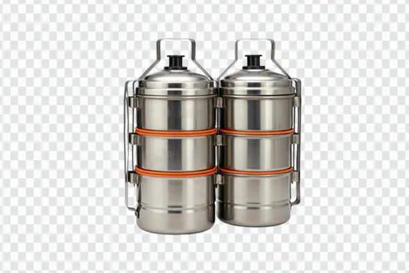Classic Stainless Steel Tiffin Carrier PNG – Indian Dabba Box with Orange Seals