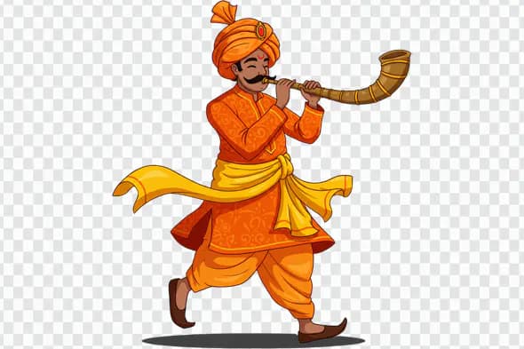Happy Indian Shehnai Player PNG Clipart in Orange Traditional Outfit