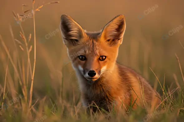 Curious Fox Cub in Golden Grass at Sunset