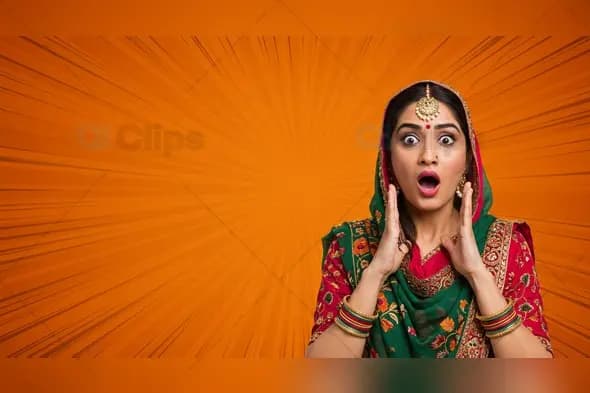 Surprised Indian Woman in Traditional Attire with Comic-Style Background