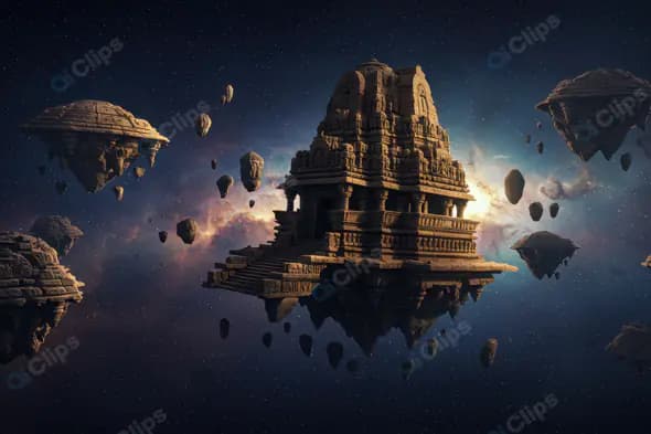 Ancient Indian Temple Floating in Outer Space with Rock Islands