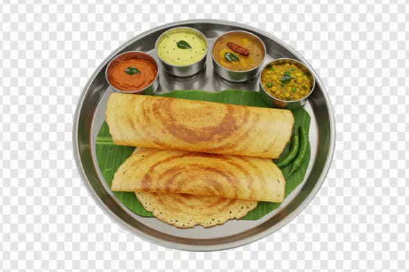 South Indian Dosa Thali PNG with Chutney and Sambar on Banana Leaf
