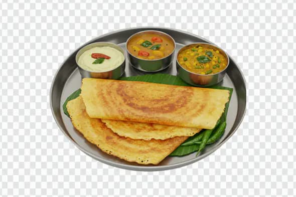 South Indian Dosa Thali PNG with Coconut Chutney, Sambar, and Dal on Banana Leaf