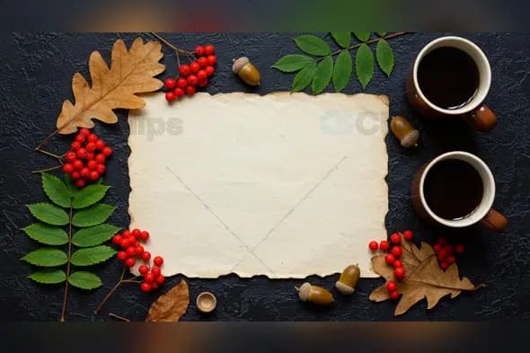 Autumn Coffee Scene with Blank Vintage Paper and Natural Elements