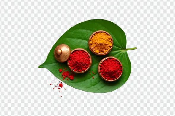 Puja Kumkum and Haldi PNG Clipart in Brass Bowls on Leaf for Festive Designs