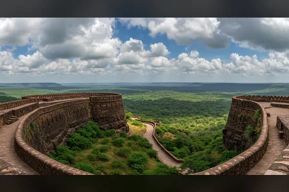 Ancient Indian Fort View with Expansive Green Valley Under Blue Sky