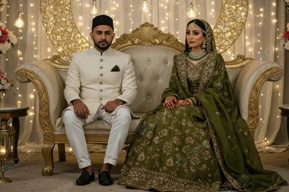 Elegant Indian Muslim Couple Posing on Wedding Stage