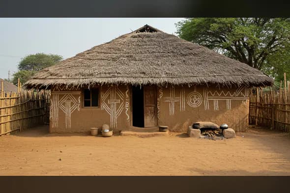 Rustic Indian Village Mud House with Tribal Wall Art and Thatch Roof