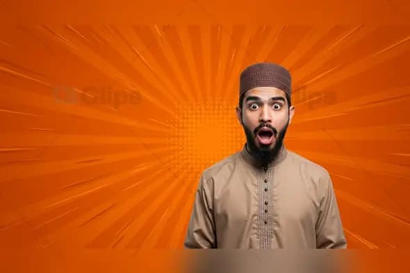 Surprised Man in Traditional Outfit with Comic-Style Background