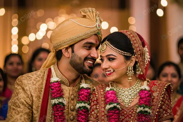 Smiling Indian Bride and Groom During Wedding Ceremony with Floral Garlands