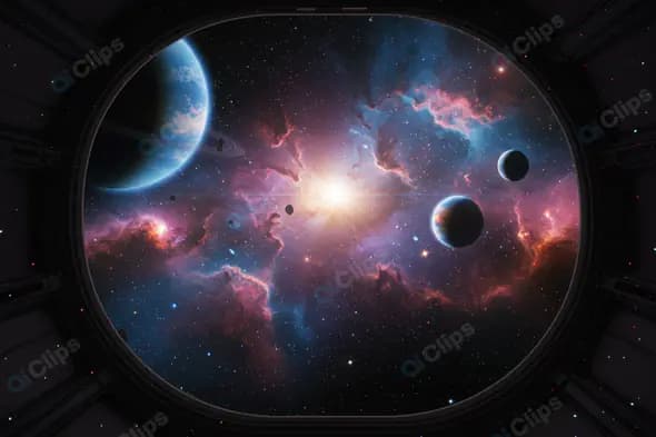 Colorful Galaxy and Planets Seen from Spacecraft Window