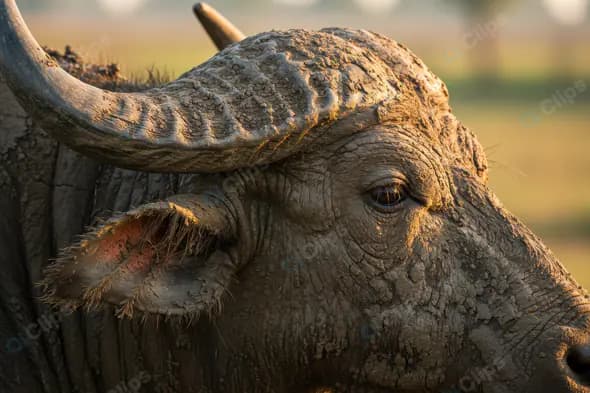 Close-Up of Indian Mud-Covered Buffalo with Horns in Golden Light