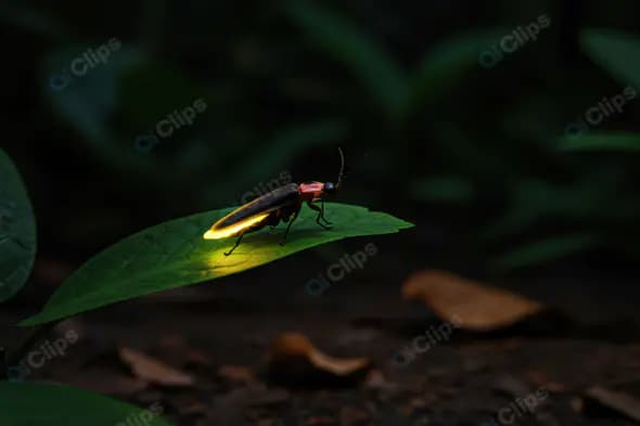 Glowing Firefly on Green Leaf at Night in Forest