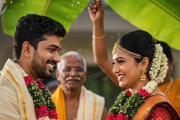 Traditional South Indian Wedding Ritual with Smiling Bride and Groom