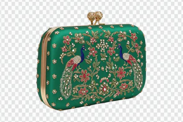 Green Peacock Embroidered Clutch PNG – Indian Wedding Handbag with Jewel Details