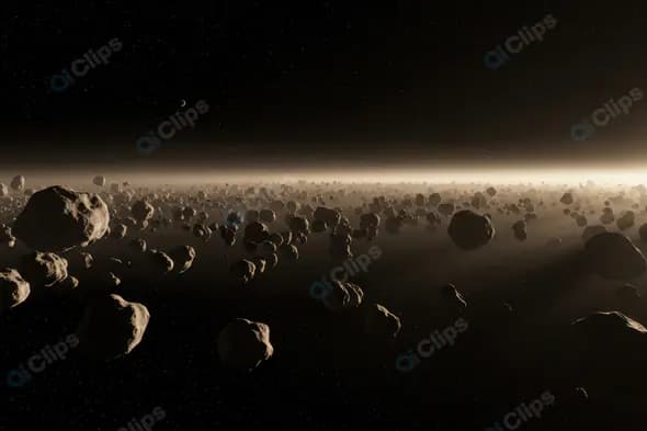 Dense Asteroid Belt Floating in Deep Space with Cosmic Glow