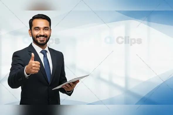 Confident Businessman with Thumbs Up and Tablet