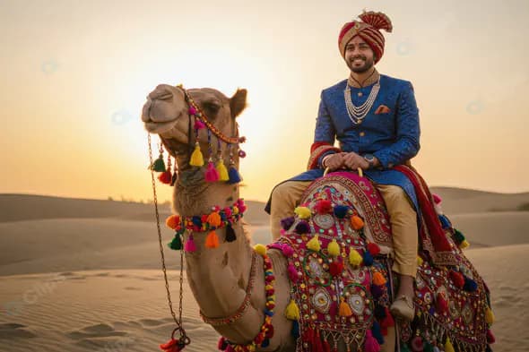 Smiling Indian Groom in Blue Sherwani Riding Decorated Camel in Desert at Sunset