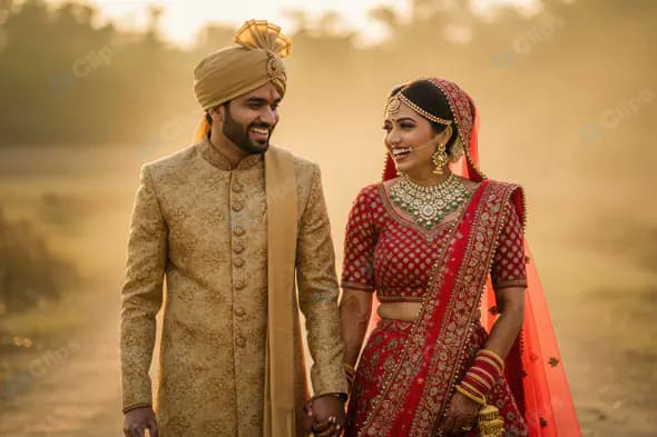 Smiling Indian Bride and Groom Walking Together at Sunset