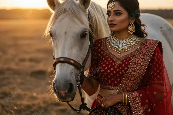 Elegant Indian Bride with White Horse in Golden Sunset Field