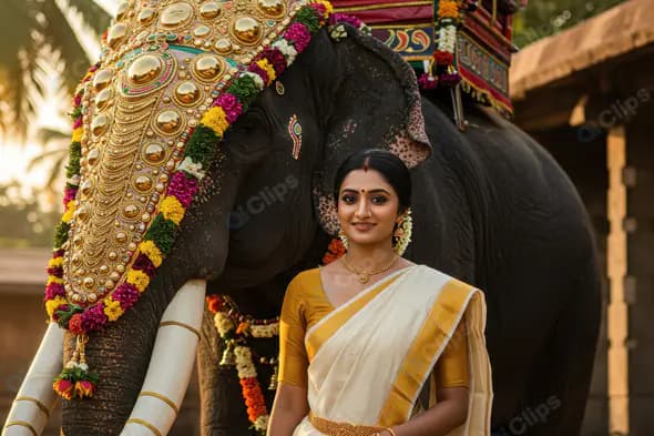 Traditional South Indian Woman in Kerala Saree with Decorated Temple Elephant