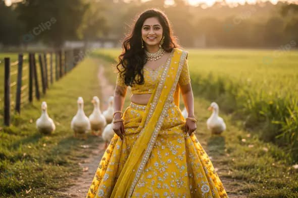 Joyful Indian Woman in Yellow Lehenga Walking in Farmland with Ducks at Sunset