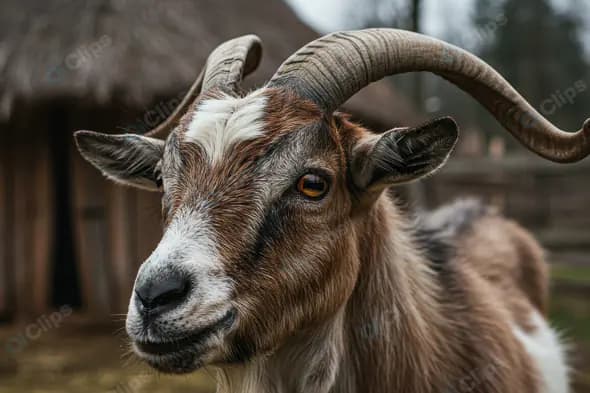 Close-Up Portrait of Horned Goat in Rustic Farm Setting