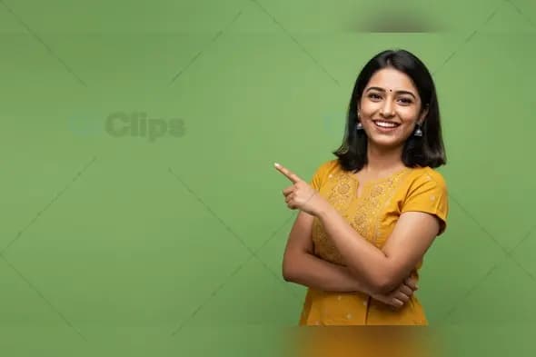 Happy Woman in Yellow Cultural Wear Pointing with Enthusiasm