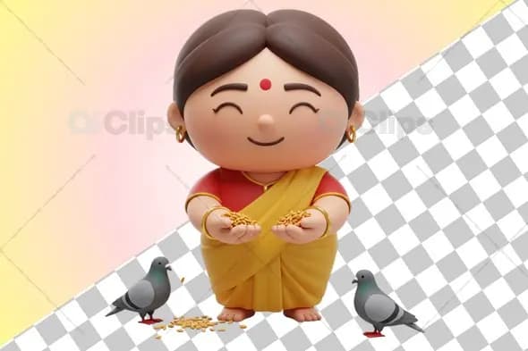 Traditional Indian Woman 3D Illustration Feeding Birds