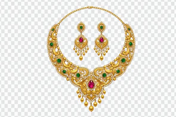 Indian Gold Necklace and Earrings PNG – Bridal Jewelry with Emerald & Ruby Stones
