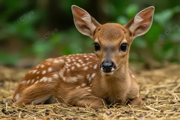 Adorable Baby Deer Resting on Straw in Natural Forest Setting