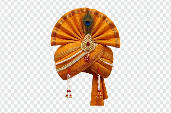 Traditional Indian Groom Pagdi PNG Clipart with Pearl Strings and Peacock Feather