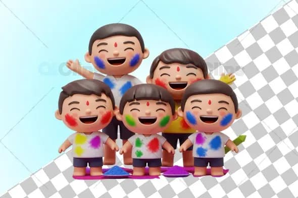 Holi Celebration 3D Illustration with Happy Kids