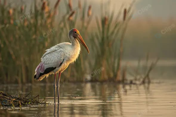 Painted Stork Standing in Wetland During Golden Hour Light