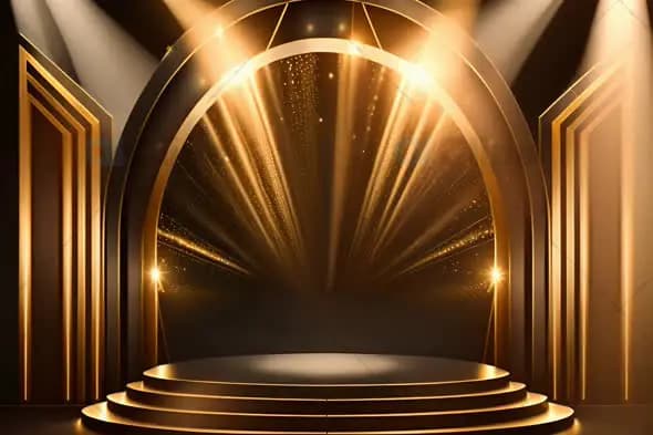 "Golden Luxury Stage Background with Spotlight and Glitter Effects"