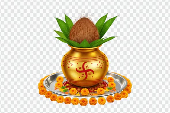 Kalash with Coconut PNG Clipart for Hindu Puja and Festival Designs