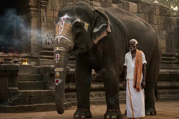 Elderly Indian Temple Caretaker Standing with Decorated Elephant