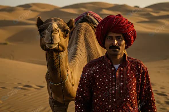 Rajasthani Man with Camel in Traditional Attire in Desert Sand Dunes