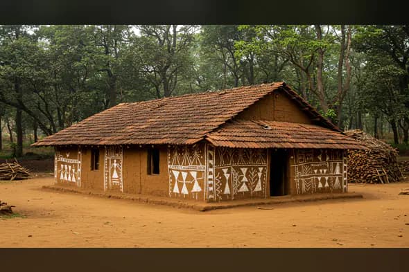 Traditional Tribal Mud House with Warli Art in Indian Forest Village
