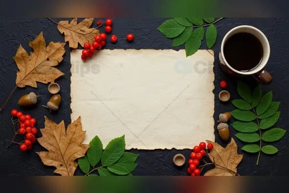 Autumn Flat Lay with Vintage Paper Template and Coffee