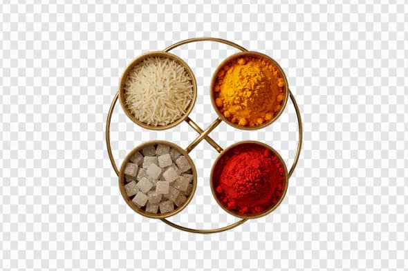 Puja Samagri PNG Clipart with Kumkum, Haldi, Rice, and Mishri in Brass Bowls