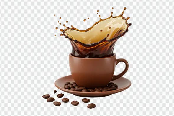 Coffee Splash in Brown Cup PNG – Realistic Beverage Spill with Beans