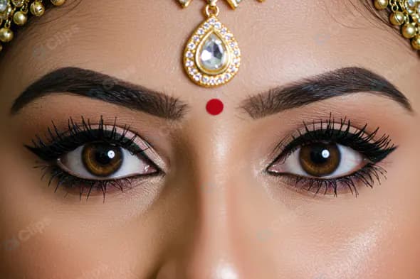 Close-Up Shot of Indian Bride's Eyes with Traditional Makeup and Jewelry