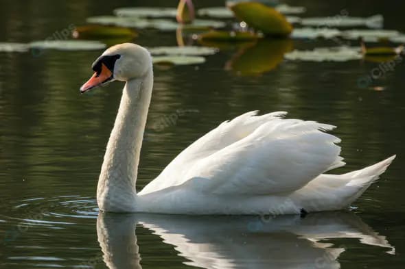 Graceful White Swan Gliding on Serene Water with Lotus Leaves