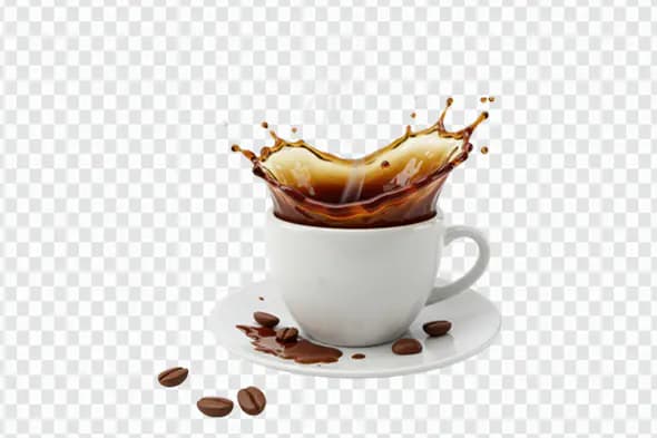 Coffee Splash in White Cup PNG – Transparent Beverage Spill with Coffee Beans