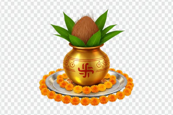 Kalash PNG with Coconut and Marigold for Puja, Wedding, and Festival Designs