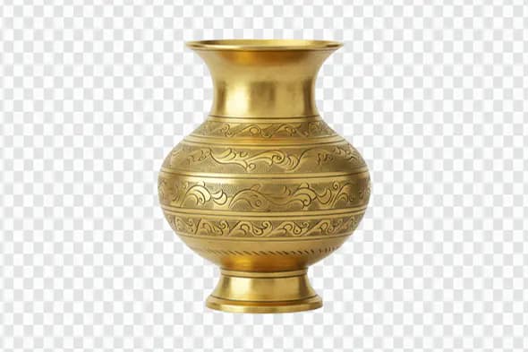 Golden Brass Kalash PNG – Traditional Indian Pot with Etched Floral Design