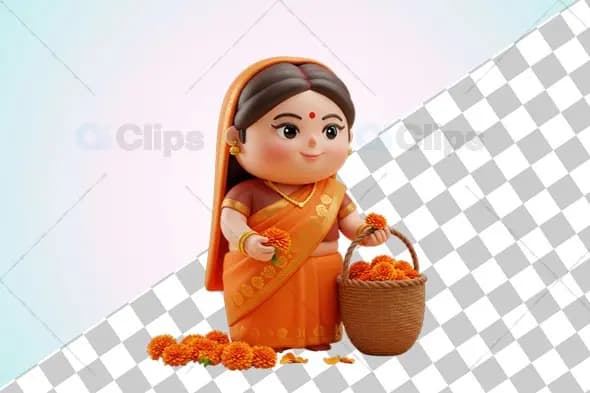 Traditional Indian Woman in Orange Saree 3D Illustration with Marigolds